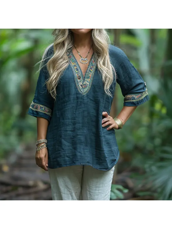 Retro Loose Comfortable And Breathable Ethnic Style Linen V-neck Short-sleeved Top - Realyiyi.com 