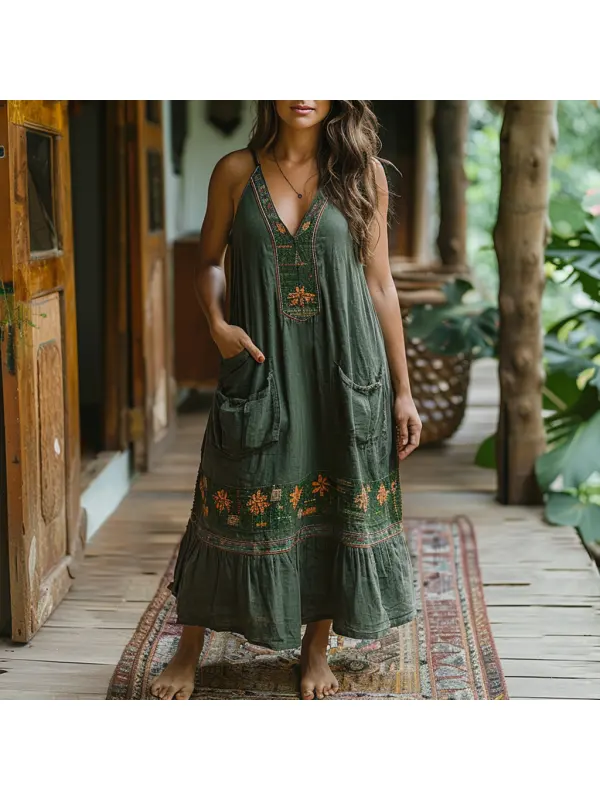 Women's Summer Retro Loose And Comfortable Bohemian Suspender Dress Long Skirt - Cominbuy.com 