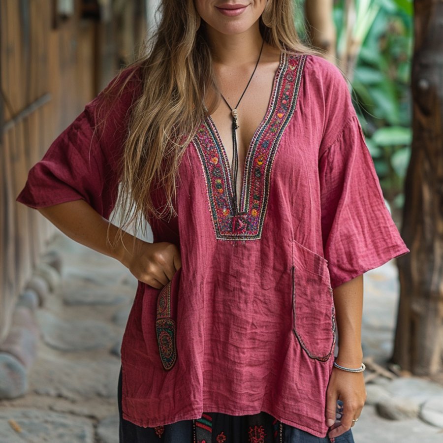 

Retro Loose Comfortable And Breathable Ethnic Style Linen V-neck Short-sleeved Top
