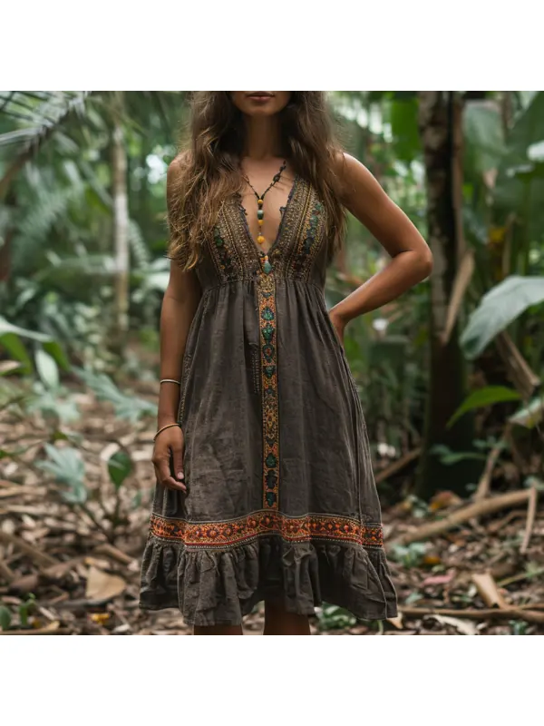 Women's Summer Retro Loose And Comfortable Bohemian Suspender Dress Long Skirt - Cominbuy.com 