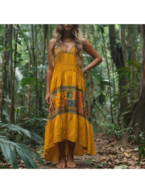 Women's Summer Retro Loose And Comfortable Bohemian Suspender Dress Long Skirt - Viewbena.com 