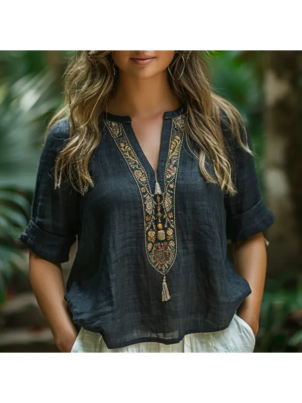 Retro Loose Comfortable And Breathable Ethnic Style Linen V-neck Short-sleeved Top - Timetomy.com 