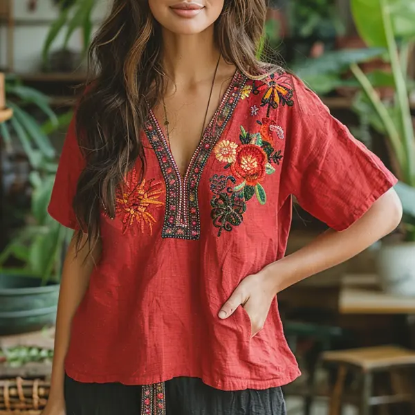 Retro Loose Comfortable And Breathable Ethnic Style Linen V-neck Short-sleeved Top - Wayrates.com 