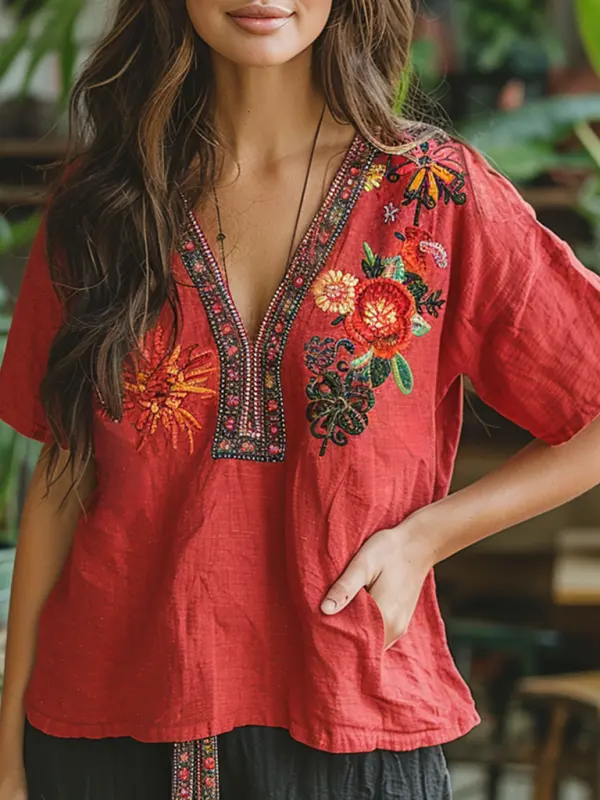 Retro Loose Comfortable And Breathable Ethnic Style Linen V-neck Short-sleeved Top - Sunshinenice.com 