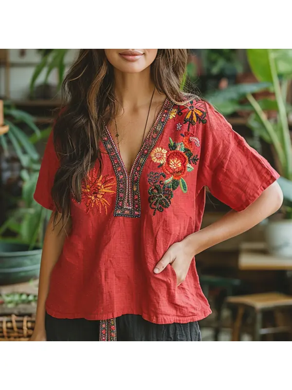 Retro Loose Comfortable And Breathable Ethnic Style Linen V-neck Short-sleeved Top - Realyiyishop.com 