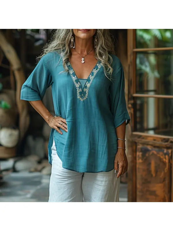 Retro Loose Comfortable And Breathable Ethnic Style Linen V-neck Short-sleeved Top - Realyiyishop.com 