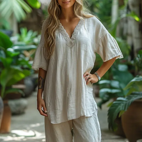 Retro Loose Comfortable And Breathable Ethnic Style Linen V-neck Short-sleeved Top - Salolist.com 