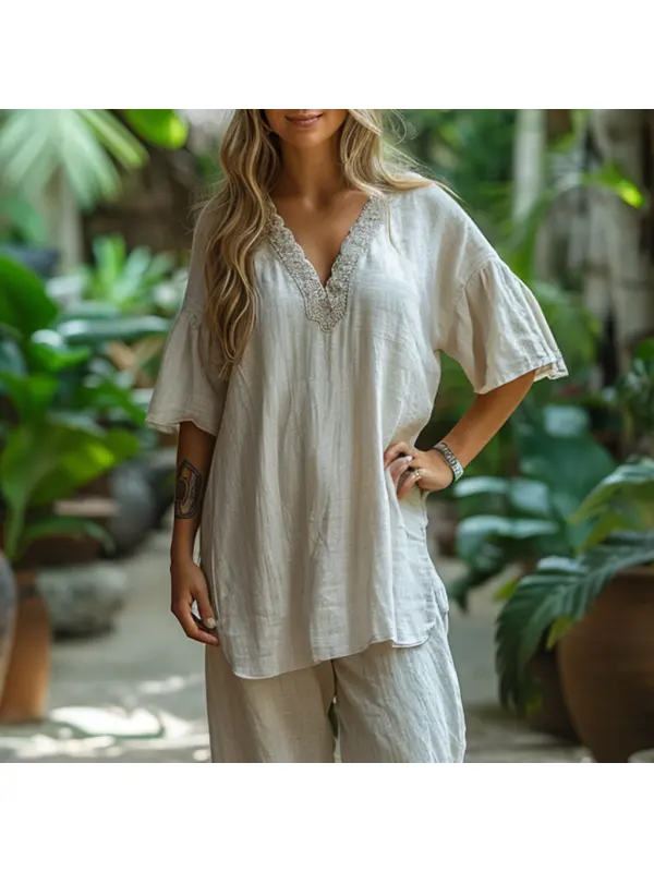 Retro Loose Comfortable And Breathable Ethnic Style Linen V-neck Short-sleeved Top - Realyiyishop.com 