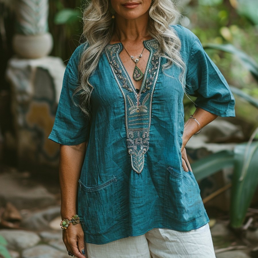 

Retro Loose Comfortable And Breathable Ethnic Style Linen V-neck Short-sleeved Top