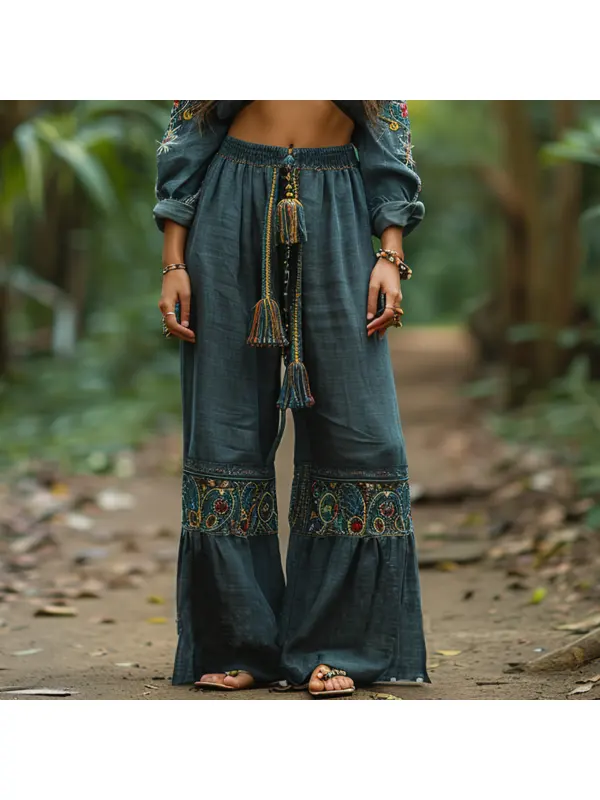 Women's Retro Ethnic Style Loose And Comfortable Long Linen Pants - Viewbena.com 