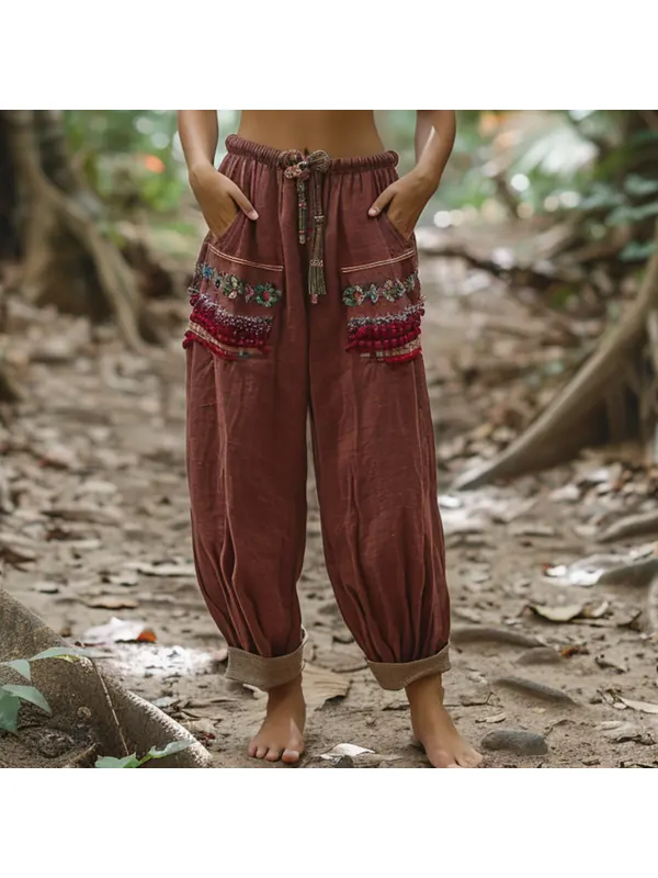 Women's Retro Ethnic Style Loose And Comfortable Linen Pants - Miabrave.com 