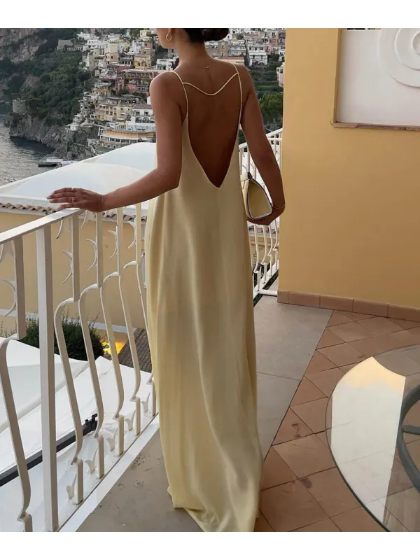 Holiday Satin Sexy Backless Hollow Sleeveless Suspender Dress - Realyiyi.com 