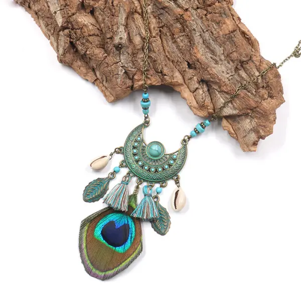 Women's Bohemian Peacock Feather Necklace - Yiyistories.com 