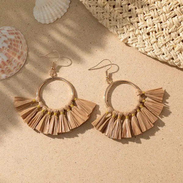 Women's Holiday Bohemian Style Raffia Braided Tassel Earrings - Trissla.com 