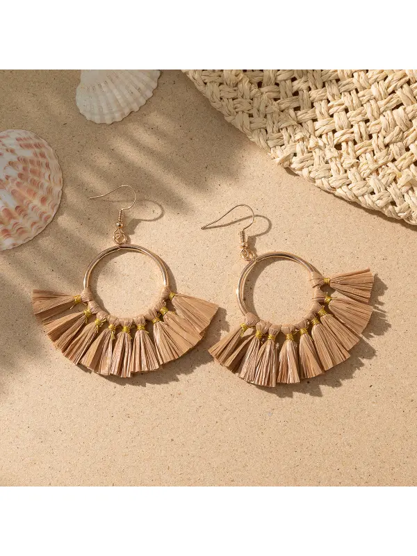 Women's Holiday Bohemian Style Raffia Braided Tassel Earrings - Viewbena.com 