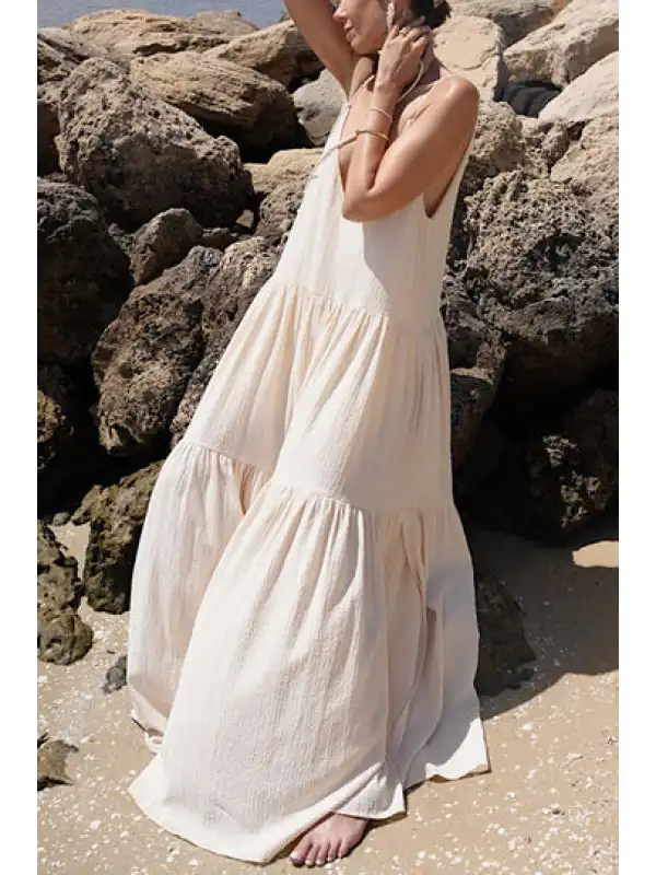 Beach Vacation Loose Solid Color Pleated Irregular Dress - Realyiyi.com 