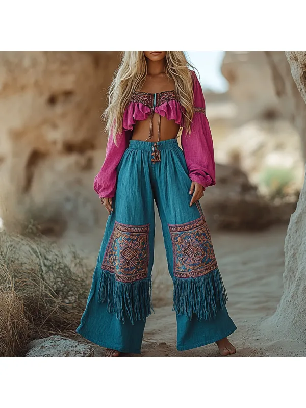 Bohemian Linen Casual Top And Pants Two-Piece Set - Cominbuy.com 