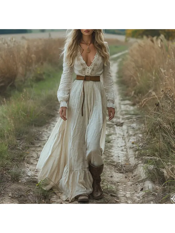 Vintage V-neck Linen Women's Long-sleeved Long Dress Pastoral Style Linen Dress - Viewbena.com 