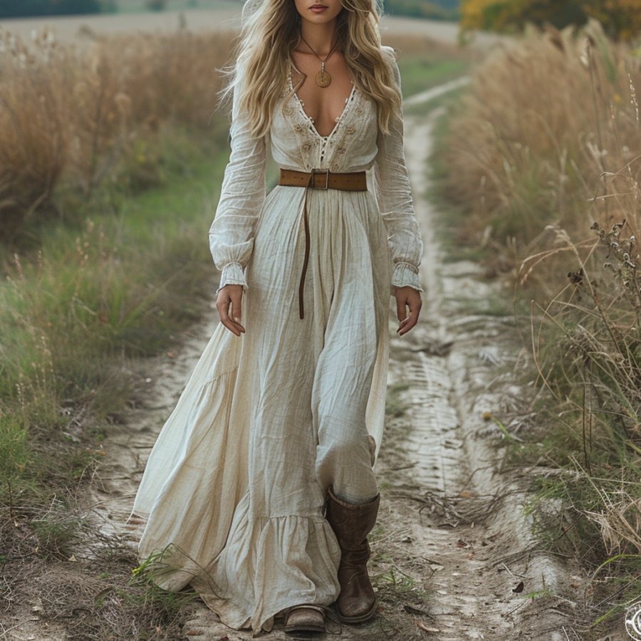 

Vintage V-neck Linen Women's Long-sleeved Long Dress Pastoral Style Linen Dress