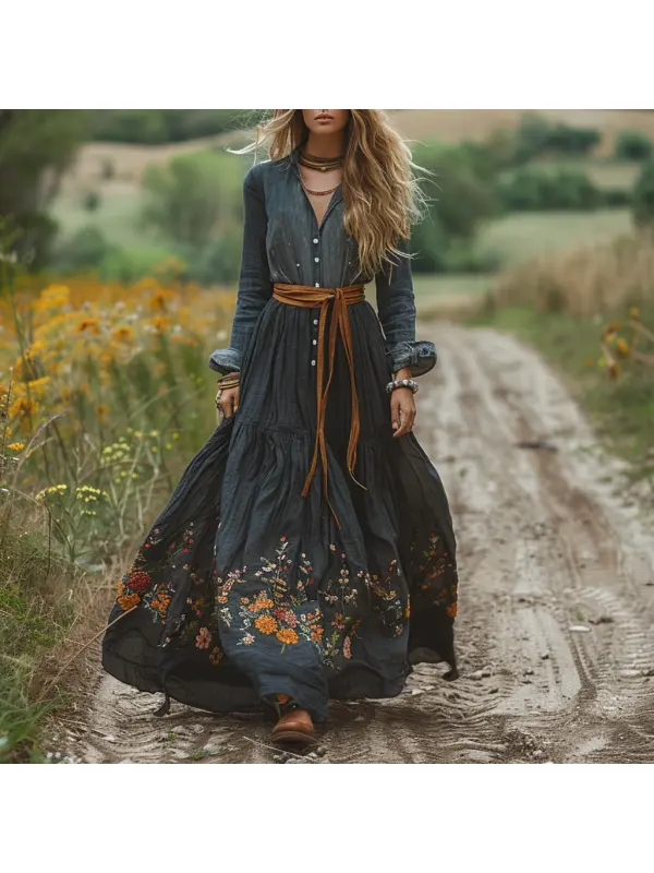 Vintage V-neck Linen Women's Long-sleeved Long Dress Pastoral Style Linen Dress - Viewbena.com 