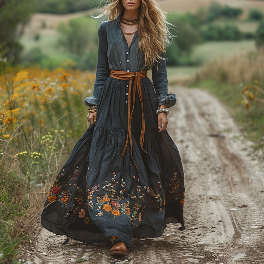 

Vintage V-neck Linen Women's Long-sleeved Long Dress Pastoral Style Linen Dress