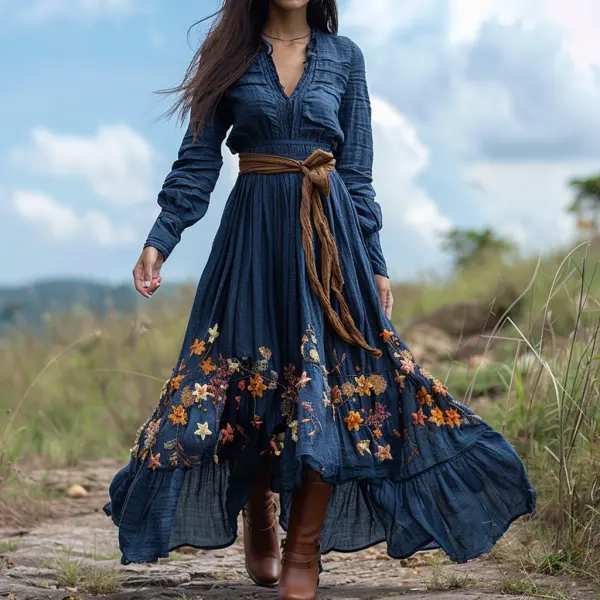 Vintage V-neck Linen Women's Long-sleeved Long Dress Pastoral Style Linen Dress - Albionstyle.com 