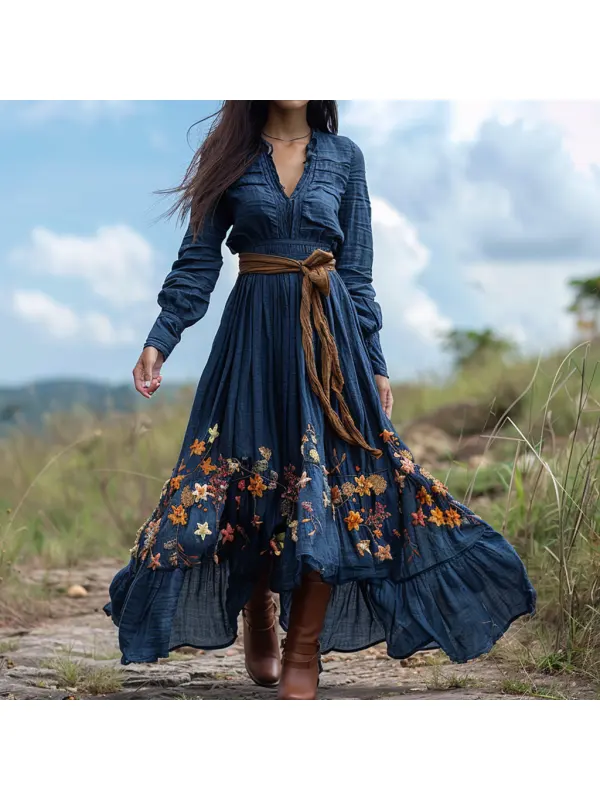 Vintage V-neck Linen Women's Long-sleeved Long Dress Pastoral Style Linen Dress - Realyiyi.com 