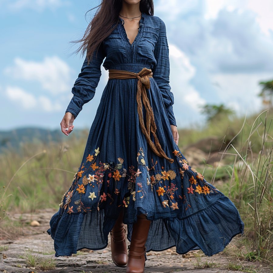 

Vintage V-neck Linen Women's Long-sleeved Long Dress Pastoral Style Linen Dress