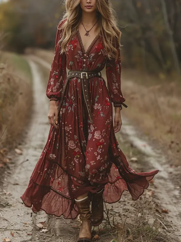 Vintage V-neck Linen Women's Long-sleeved Long Dress Pastoral Style Linen Dress - Pragmaace.com 