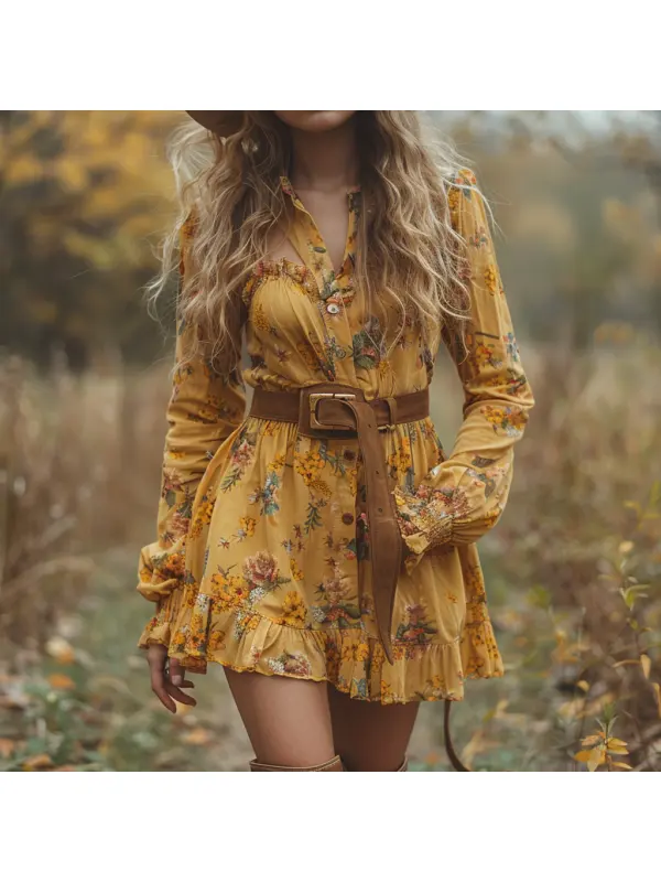 Autumn And Winter Retro V-neck Women's Floral Long-sleeved Dress Bohemian Pastoral Style Dress - Realyiyishop.com 