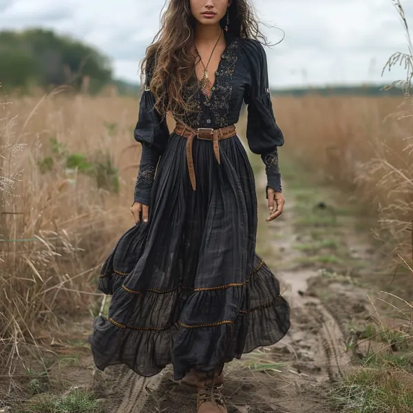 Vintage V-neck Linen Women's Long-sleeved Long Dress Pastoral Style Linen Dress - Cotosen.com