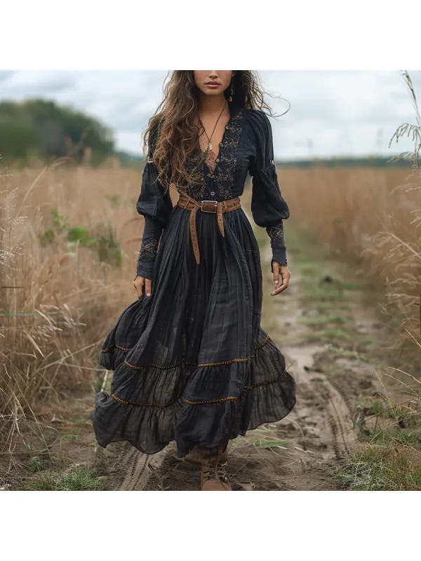 Vintage V-neck Linen Women's Long-sleeved Long Dress Pastoral Style Linen Dress - Viewbena.com 