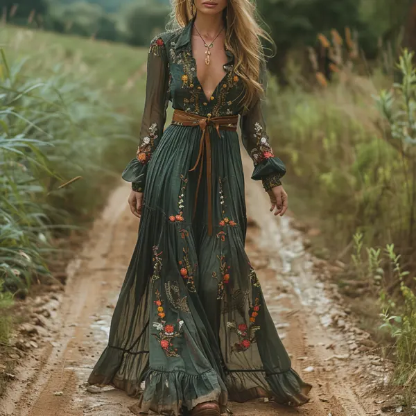 Women's Boho Maxi Dress V-neck Linen Long-sleeved Long Dress Pastoral ...