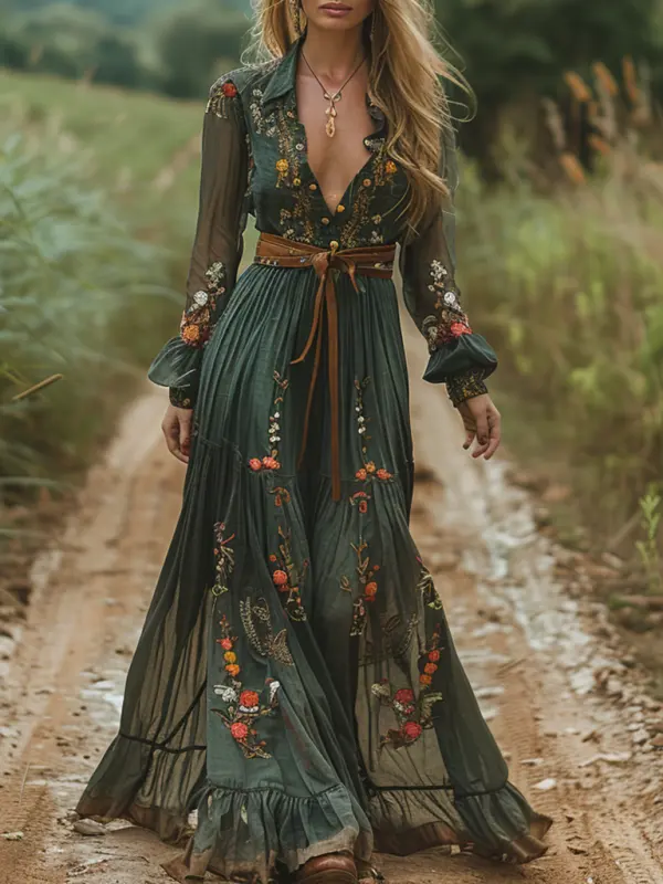Women's Boho Maxi Dress V-neck Linen Long-sleeved Long Dress Pastoral Style Green Dress - Wantbright.com 