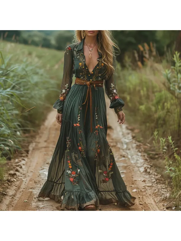 Vintage V-neck Linen Women's Long-sleeved Long Dress Pastoral Style Linen Dress - Viewbena.com 