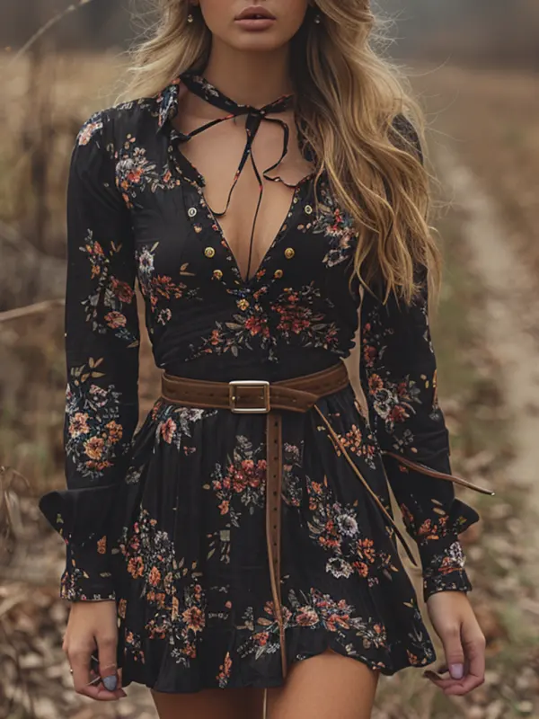 Autumn And Winter Retro V-neck Women's Floral Long-sleeved Dress Bohemian Pastoral Style Dress - Menwyx.com 