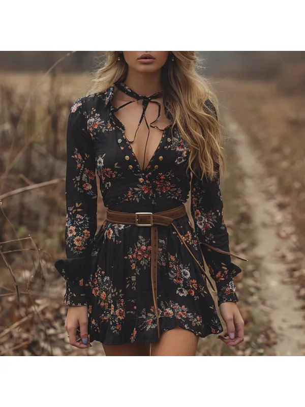 Autumn And Winter Retro V-neck Women's Floral Long-sleeved Dress Bohemian Pastoral Style Dress - Realyiyi.com 