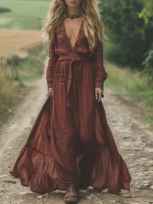 Vintage V-neck Linen Women's Long-sleeved Long Dress Pastoral Style Linen Dress - Simplyion.com 