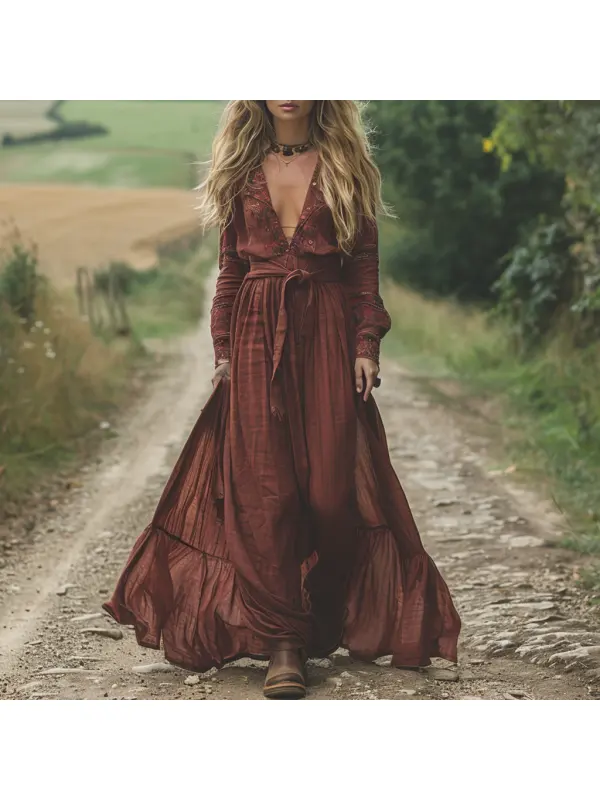 Vintage V-neck Linen Women's Long-sleeved Long Dress Pastoral Style Linen Dress - Viewbena.com 