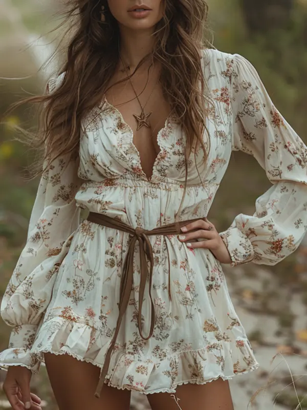 Autumn And Winter Retro V-neck Women's Floral Long-sleeved Dress Bohemian Pastoral Style Dress - Sunshinetip.com 