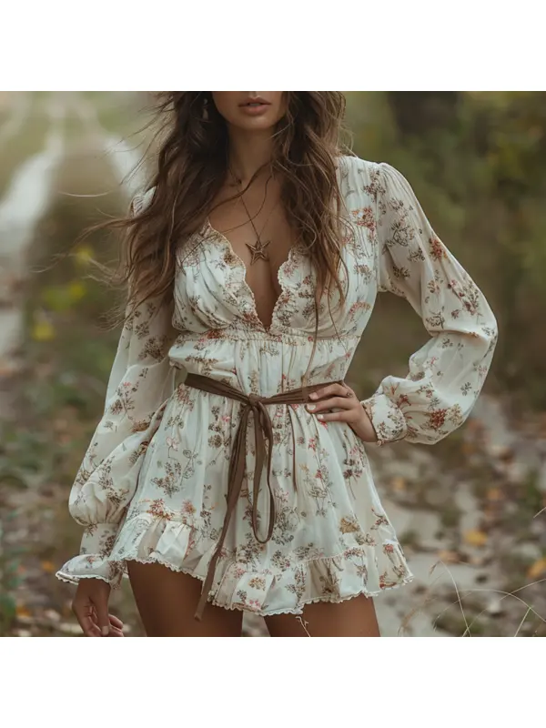 Autumn And Winter Retro V-neck Women's Floral Long-sleeved Dress Bohemian Pastoral Style Dress - Realyiyi.com 