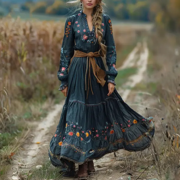 Vintage V-neck Linen Women's Long-sleeved Long Dress Pastoral Style Linen Dress - Cotosen.com