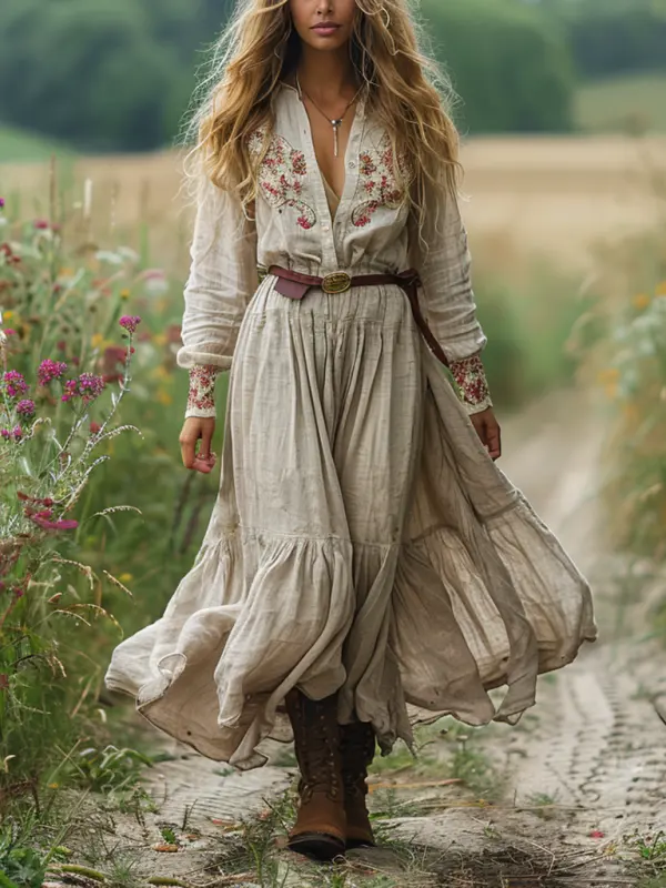 Women's Maxi Dress V-neck Linen Long-sleeved Long Dress Pastoral Style Linen Dress - Wantbright.com 