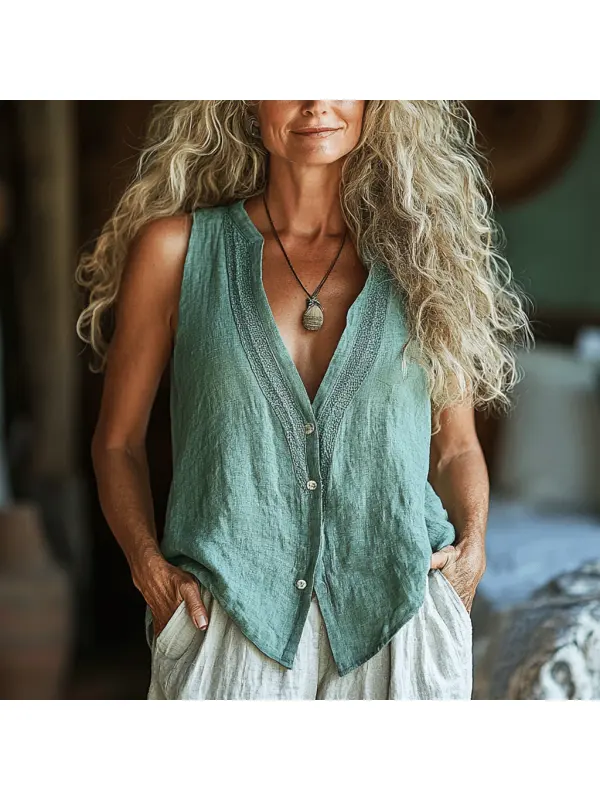 Women's Linen Ethnic Sleeveless Shirt - Aptkoi.com 