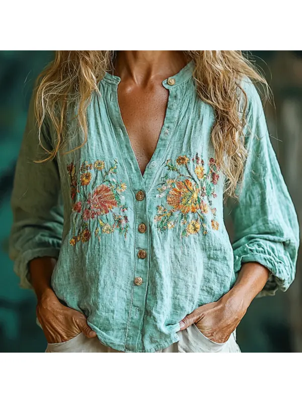 Women's Linen Flower Casual Shirt - Realyiyishop.com 