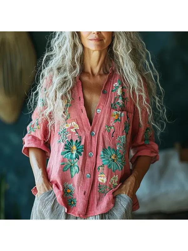 Women's Linen Flower Print Long-sleeved Shirt - Realyiyi.com 