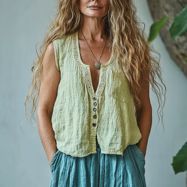 Women's Linen Ethnic Crop Sleeveless Shirt - Salolist.com 