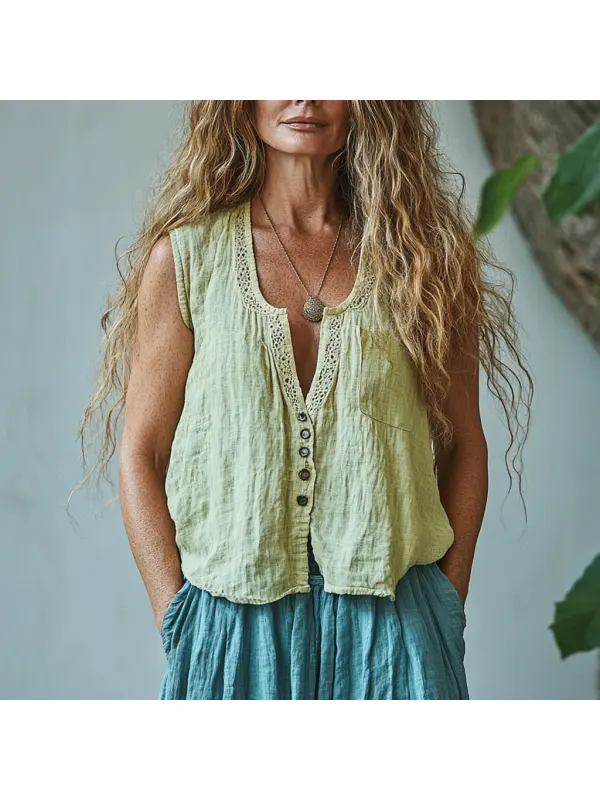 Women's Linen Ethnic Crop Sleeveless Shirt - Realyiyishop.com 