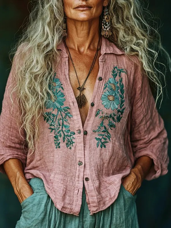 Women's Linen Flower Print Casual Western Shirt - Pragmaace.com 