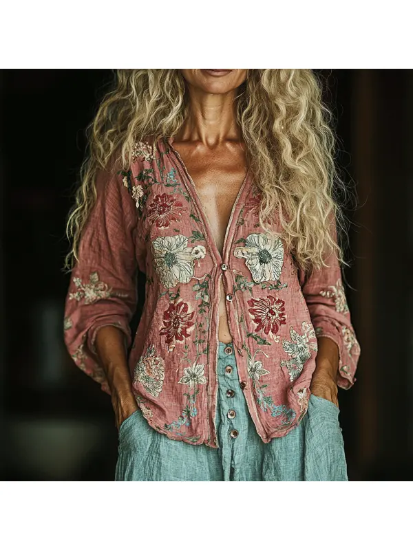 Women's Vintage Linen Flower Print Casual Long-sleeved Shirt - Viewbena.com 